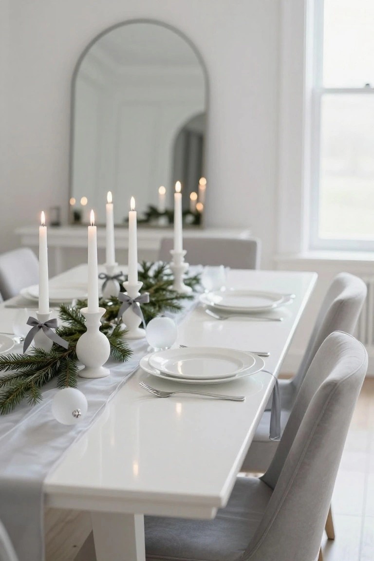 White dining table centered with fir branch garland, white taper candles in bulbous ceramic holders tied with gray ribbons, white plates and glass ornaments, gray upholstered chairs, and an arched mirror in the background.