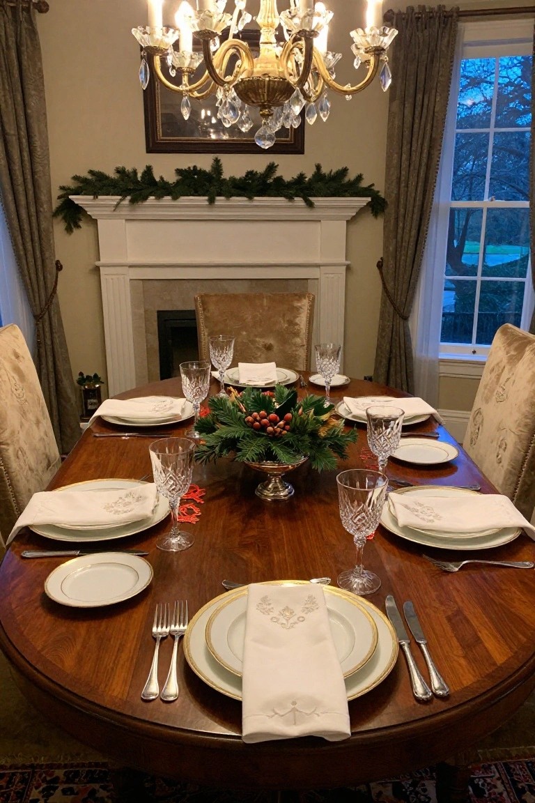 Oval wooden dining table in a traditional room set for Christmas with a central silver pedestal bowl of holly branches and red berries, crystal stemware, white china plates with gold rims, embroidered napkins, and gold flatware, mantel garland, and chandelier with candles above.