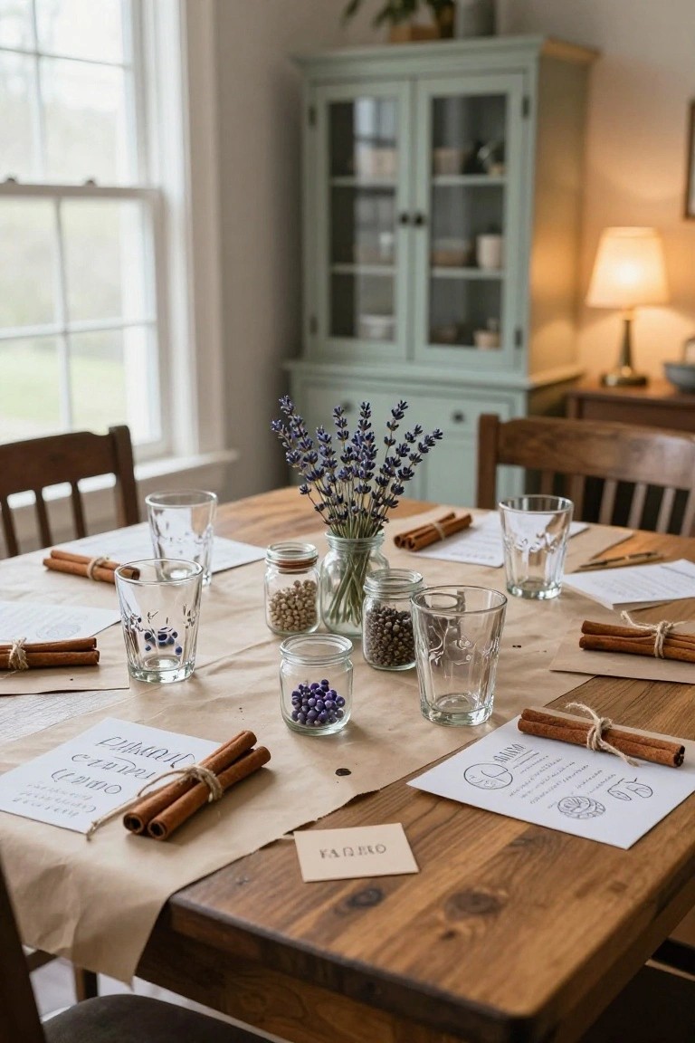 Wooden dining table in a light-filled room set with glass jars of spices and beans, cinnamon sticks tied with twine, lavender bouquet, etched glasses, and worksheets on a kraft paper runner.