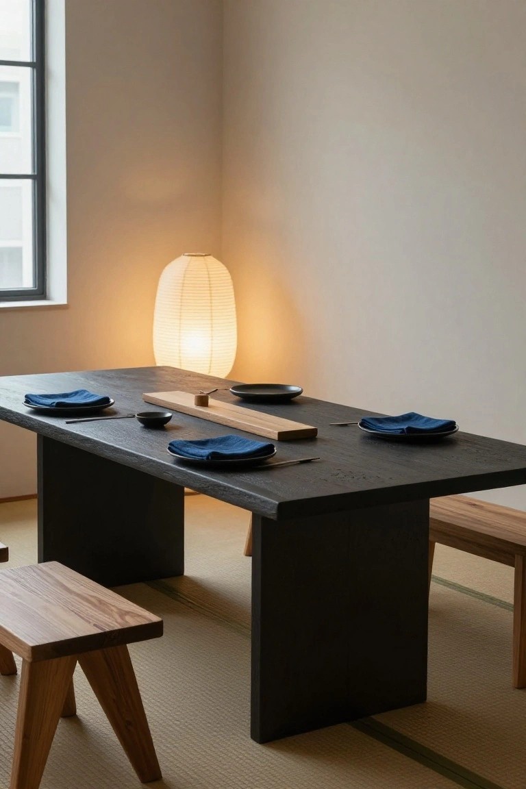 Low dark wooden dining table set for four with blue napkins, black plates, wooden tray, small black bowls and spoons, flanked by wooden benches on tatami mats, with a tall paper lantern nearby.