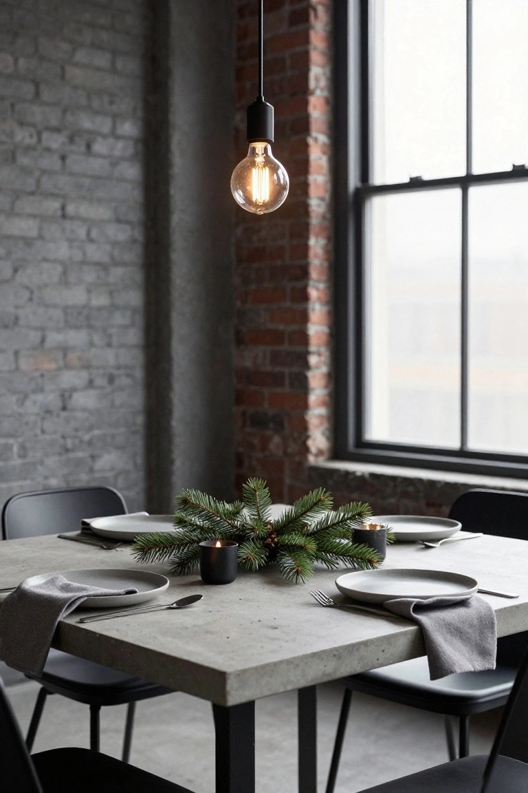 Minimalist dining table with concrete top, gray plates, pine branches, and pendant light.