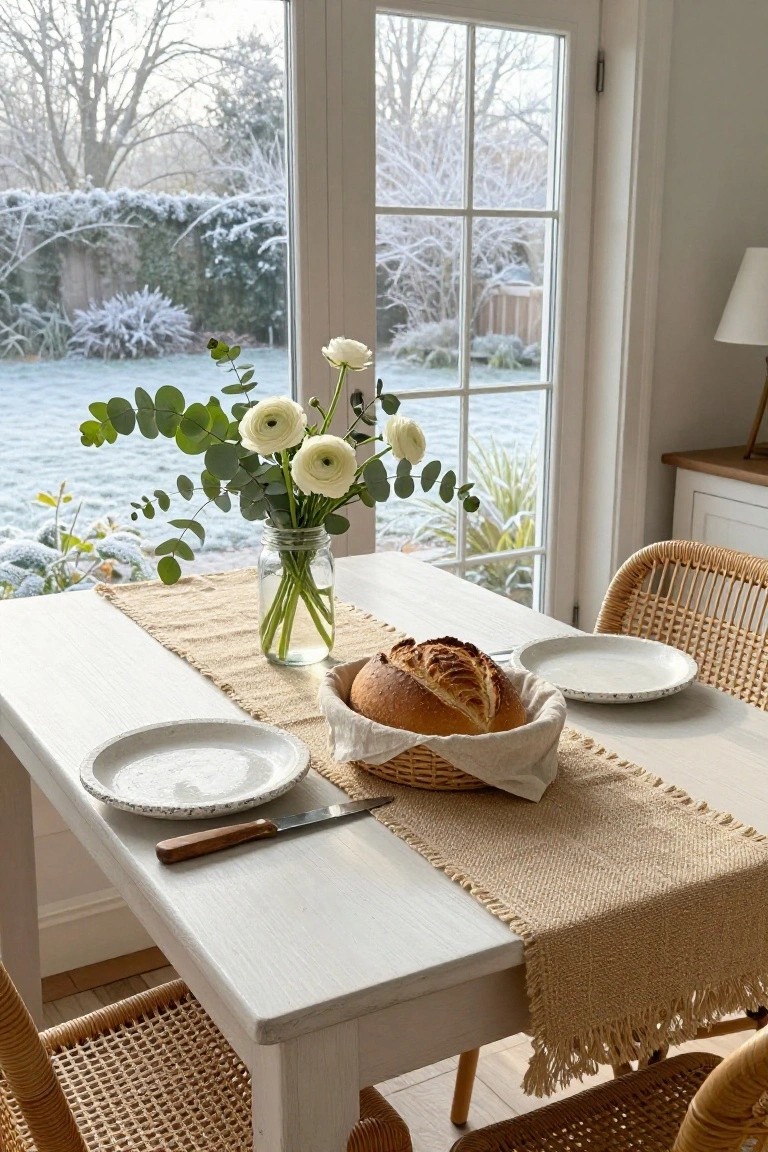 White table with bread, flowers, plates, and woven chairs by frosted windows.