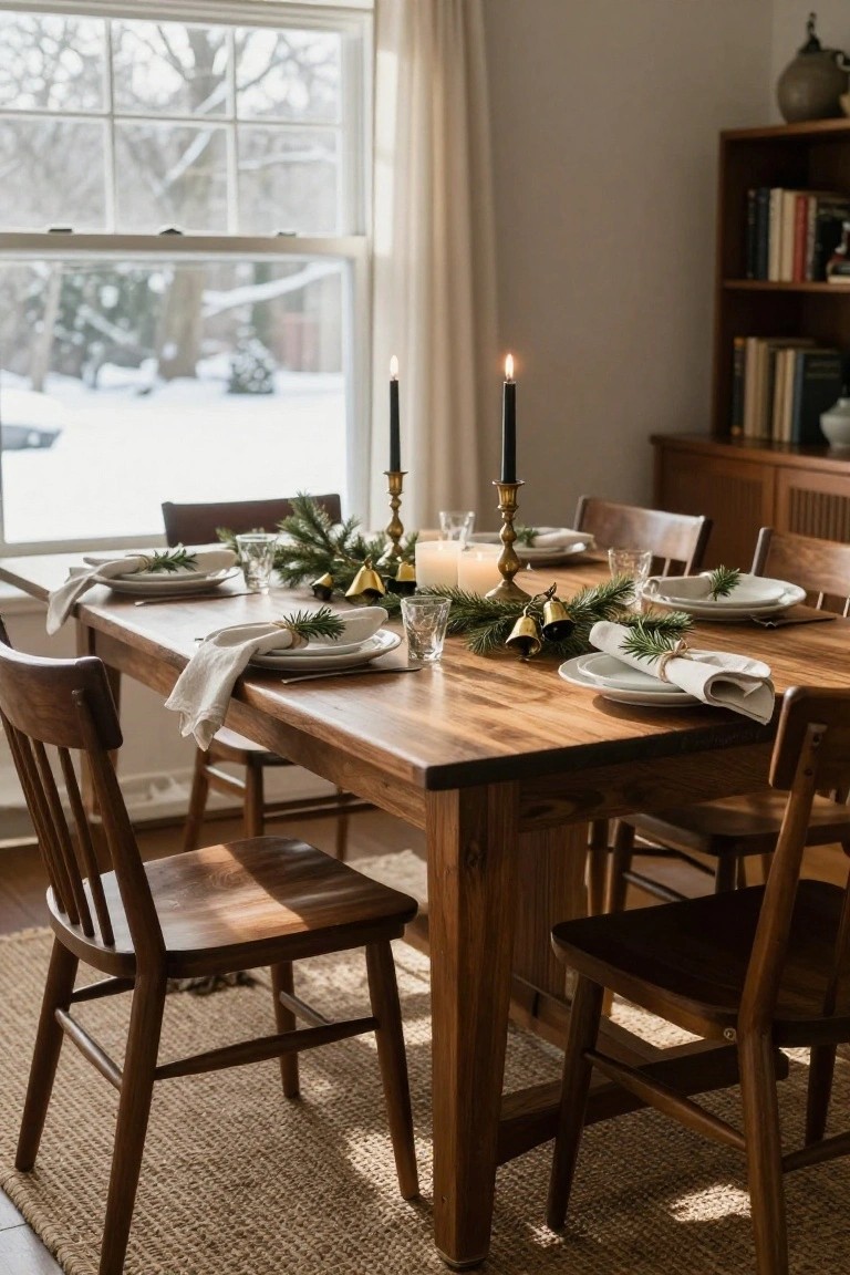 Wooden dining table set for Christmas with pine branch centerpiece, black taper candles in gold holders, gold bells, white plates, and linen napkins tied with rosemary sprigs, next to a window showing snow outside.