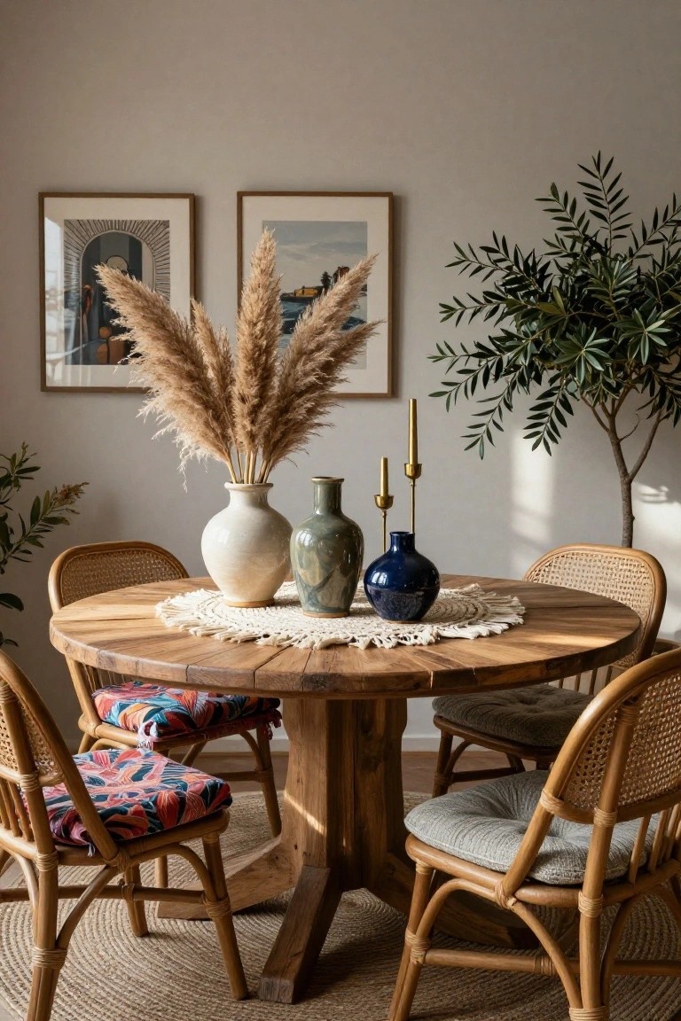 Round wooden dining table with rattan chairs and patterned cushions, centered on a white crocheted runner holding a tall white vase of pampas grass, green vase, blue vase, and gold candlesticks, in a beige room with wall art and plants.