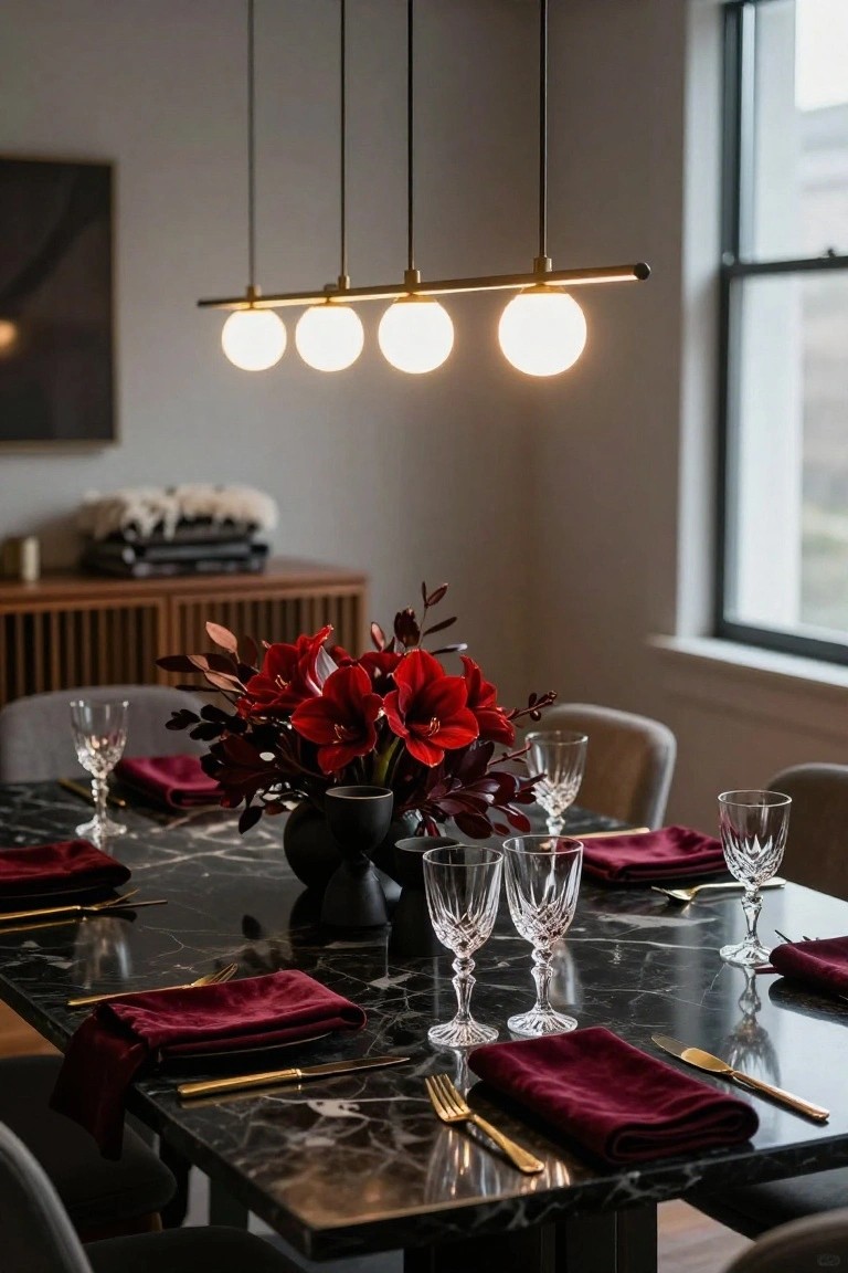 Close view of a formal dining table set with a bouquet of red amaryllis flowers in a matte black vase as centerpiece, red velvet napkins, gold utensils, crystal glasses, and upholstered chairs under a linear globe chandelier in a contemporary interior.