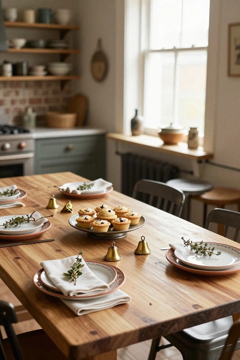 Wooden dining table in a cozy kitchen set with brass bells, herb sprigs on plates and napkins, a tiered stand holding small custard tarts topped with berries, and wooden chairs nearby.