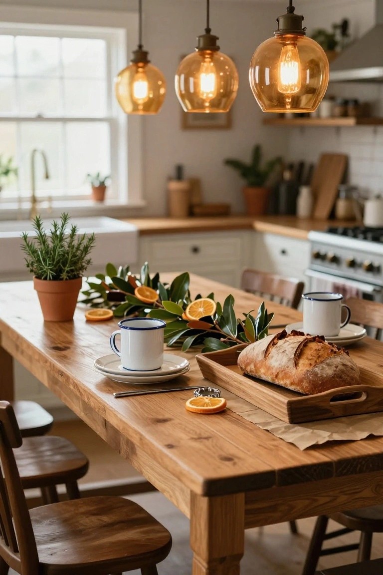 Wooden dining table in a kitchen decorated with a garland of magnolia leaves and orange slices, a loaf of bread on a wooden board, blue-rimmed white mugs on plates, potted rosemary plant, and wooden chairs.