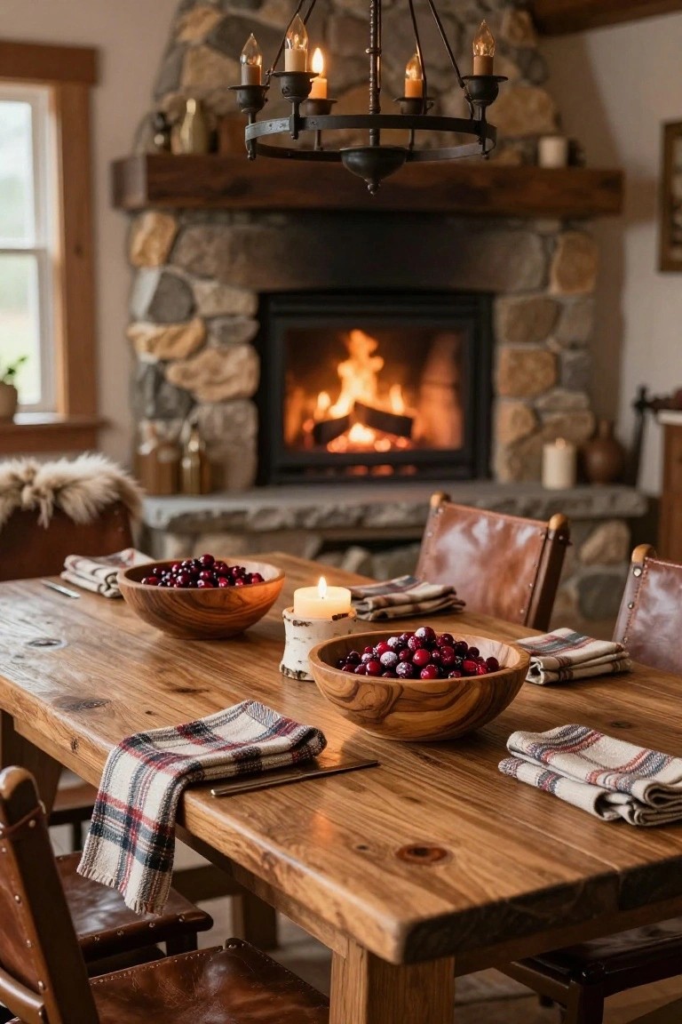 Rustic wooden dining table set with wooden bowls of cranberries, plaid napkins, leather chairs, candles, and birch candle holders in a room with a stone fireplace and iron chandelier.