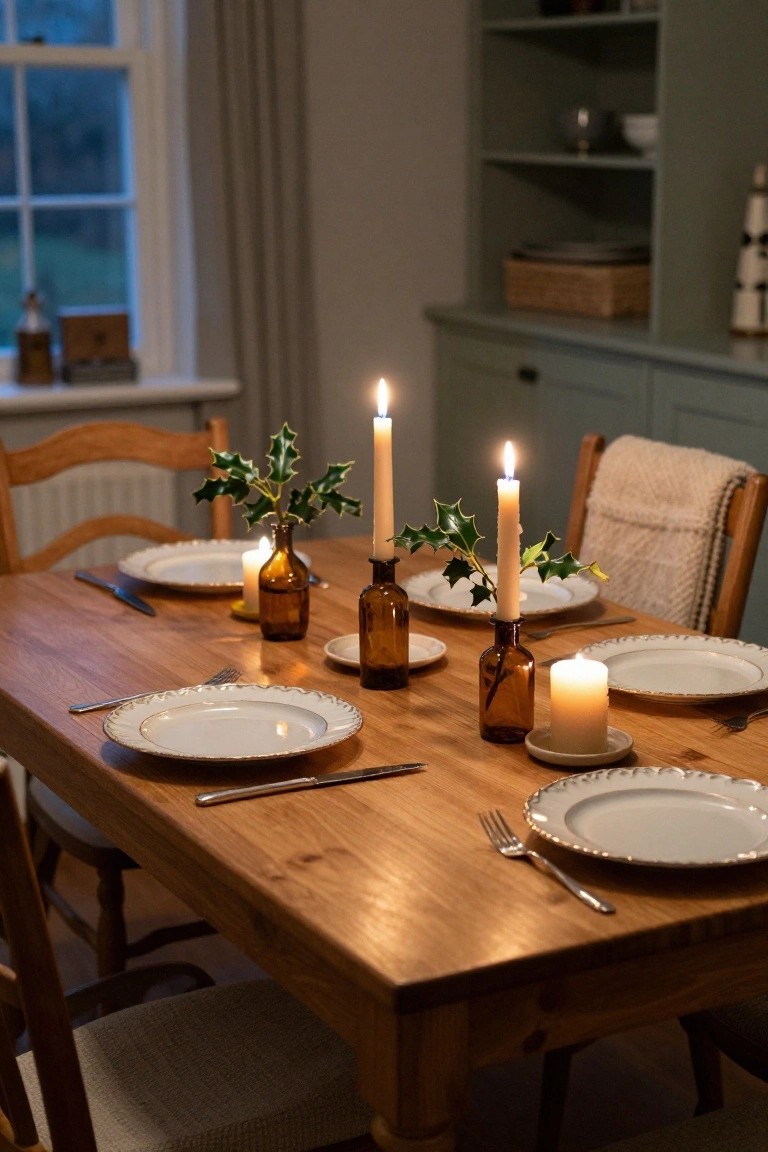 Wooden dining table set for Christmas with amber glass bottles holding taper candles and holly sprigs, white plates, cutlery, and chairs in a dimly lit room with green cabinets.