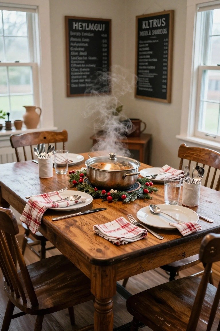 Wooden dining table in a cozy room set for Christmas dinner with a steaming lidded metal pot centered on an evergreen wreath with red berries, surrounded by plaid napkins, white plates, glasses, and cutlery, chalkboard menus on beige walls.