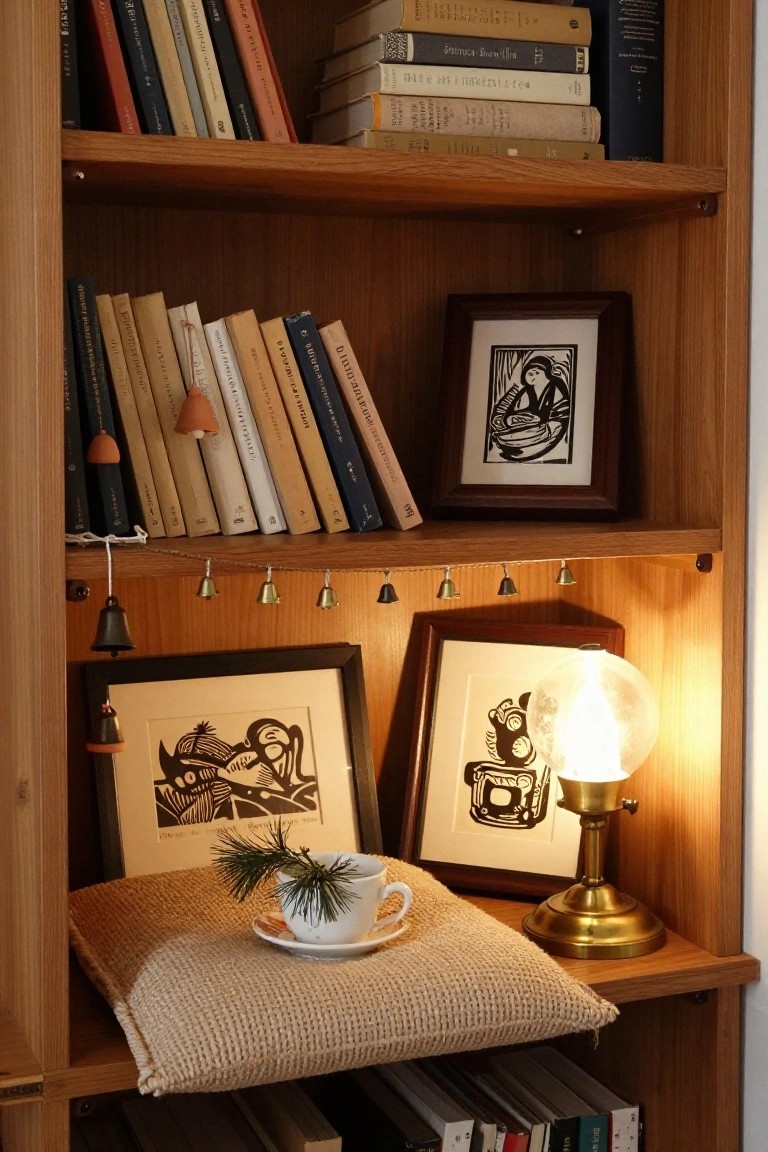Wooden bookshelf with stacked books in various colors, framed black-and-white art prints, a brass lamp with frosted glass shade, a white teacup holding a pine sprig on a beige woven pillow, and small hanging bells on the shelves.