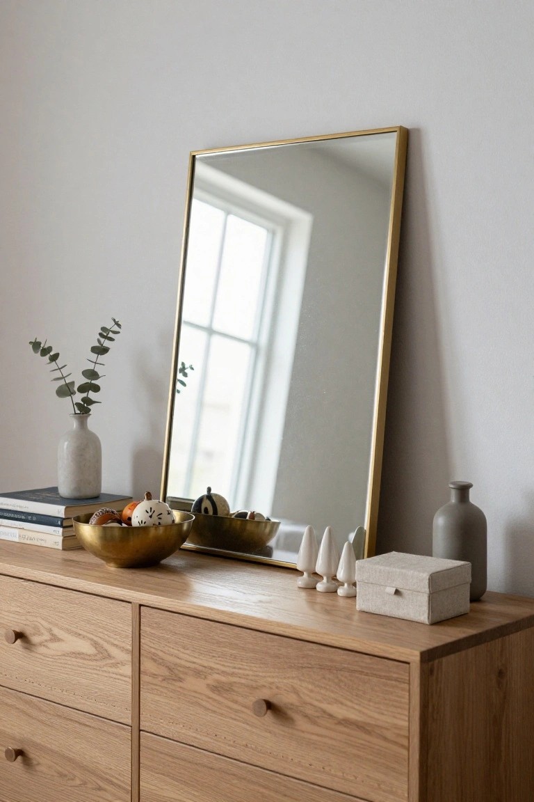 Brass Bowls and White Pumpkins on the Dresser