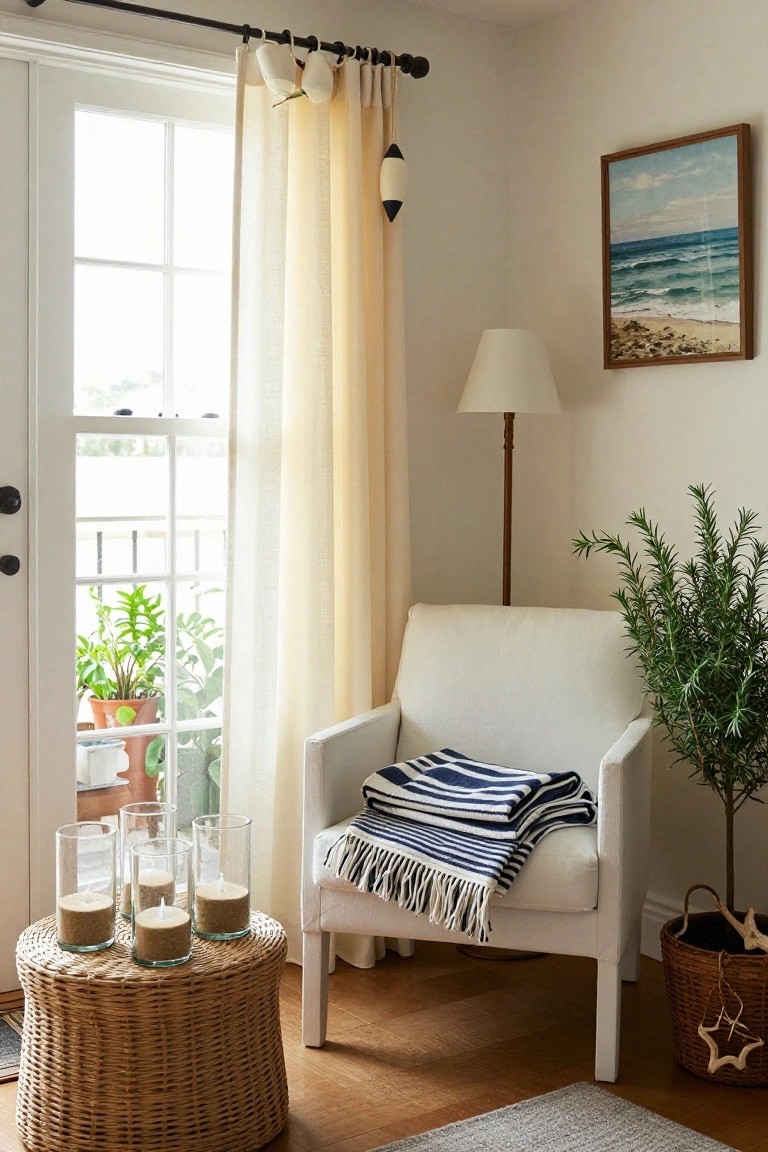 White armchair draped with navy striped throw blankets next to a round wicker side table holding four glass jars filled with beige sand and pillar candles, in a light-filled corner room with sheer curtains, plants, and a beach painting on the wall.