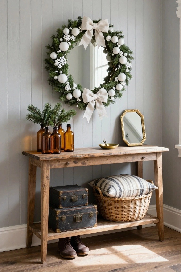 Rustic wooden console table against light gray shiplap wall, topped with four amber glass bottles holding faux pine branches, small gold tray, and gold-framed mirror; large white berry wreath on round mirror above, striped pillow in basket and two brown boots below table.