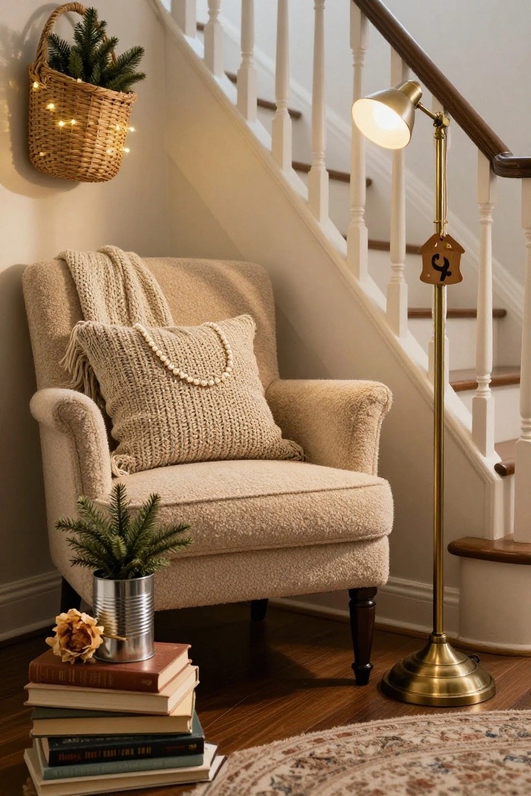 Beige armchair with knitted throw and pearl necklace pillow in a corner by a white staircase, featuring potted Christmas trees in a wicker basket with fairy lights and a tin can, brass floor lamp, and stacked books on a wood floor.