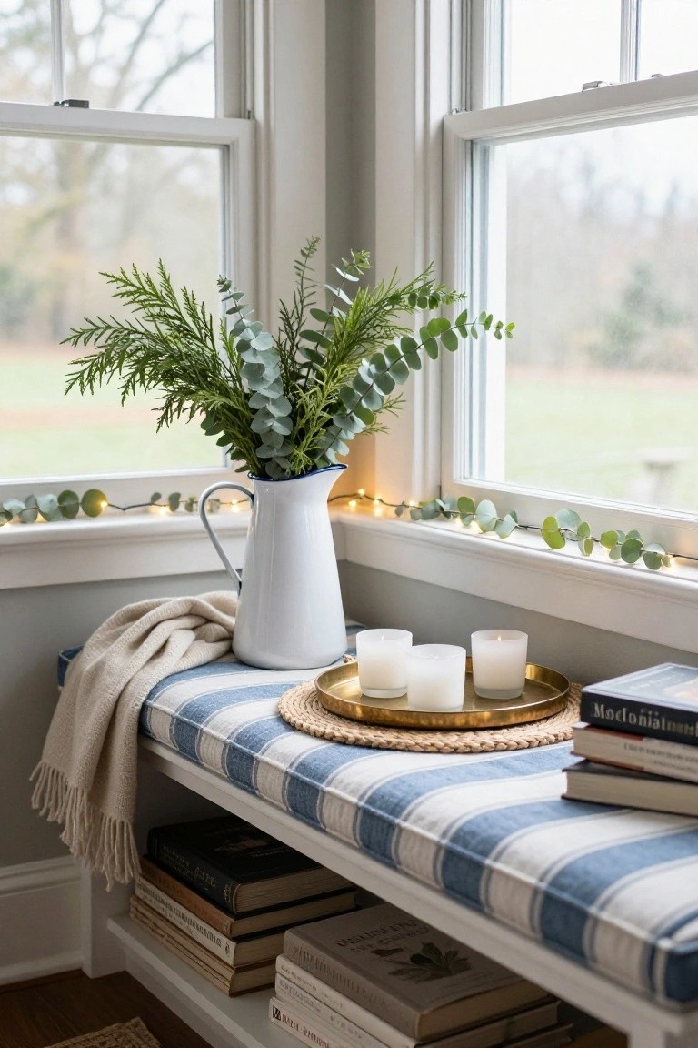 Cushioned window bench in blue and white striped fabric holding stacked books, a gold tray with three white candles, a white enamel pitcher of fir branches and eucalyptus, fairy lights and garland on the window frame, and a beige throw blanket, with view to winter field outside.