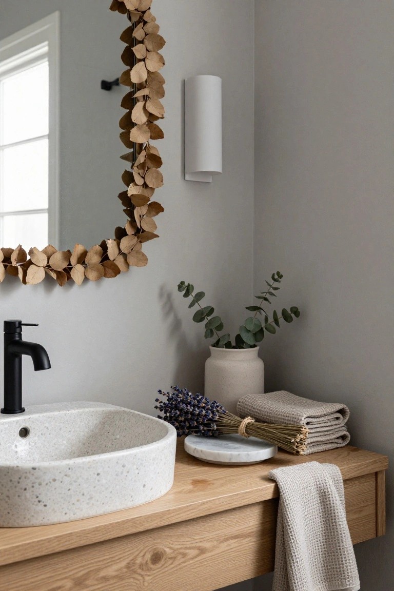 Oval mirror with dried brown leaf garland frame above a white oval sink on wooden vanity, with eucalyptus in vase, lavender bundles, folded towels, and wall sconce in gray bathroom corner.