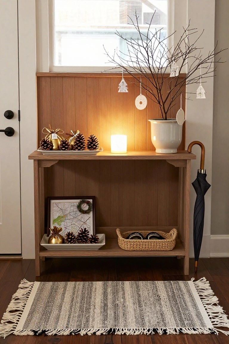 Wooden console table in an entryway holding a potted bare branch tree with hanging white paper ornaments, gold-wrapped pinecones on a white platter, a lit white candle, a framed map with wreath, wicker shoe basket, and black umbrella nearby.
