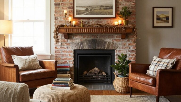 24 Cheap Christmas Decor Ideas That Still Look Expensive Cozy living room with exposed brick fireplace and wooden mantel decorated with green garland, brass candlesticks holding white taper candles, beige linen sofa, tan leather armchair draped with plaid blanket, pouf ottoman topped with stacked books, small potted Christmas tree by window, and additional candles on side tables.
