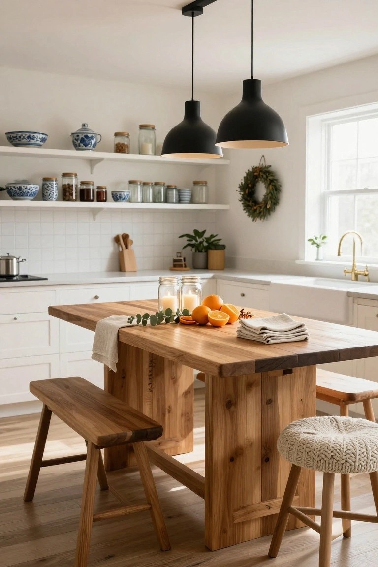Kitchen with white cabinetry and subway tile backsplash, wooden dining table holding oranges, eucalyptus branches, candles, and folded linens, benches and stool seating, open shelves with pottery and jars, holiday wreath on window, black pendant lights overhead.