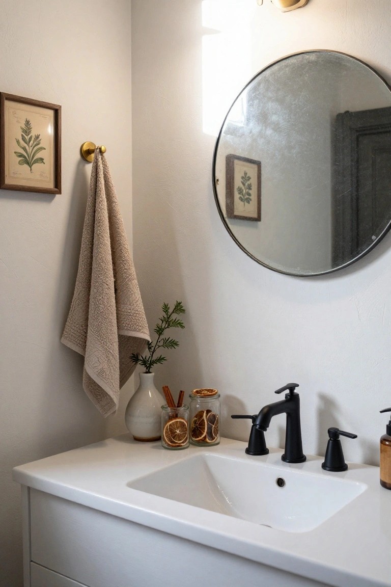 Bathroom vanity with white countertop and sink, black faucet, round brass mirror, beige towel on hook, framed fern artwork, white vase holding evergreen sprig, and glass jars with dried orange slices and cinnamon sticks.