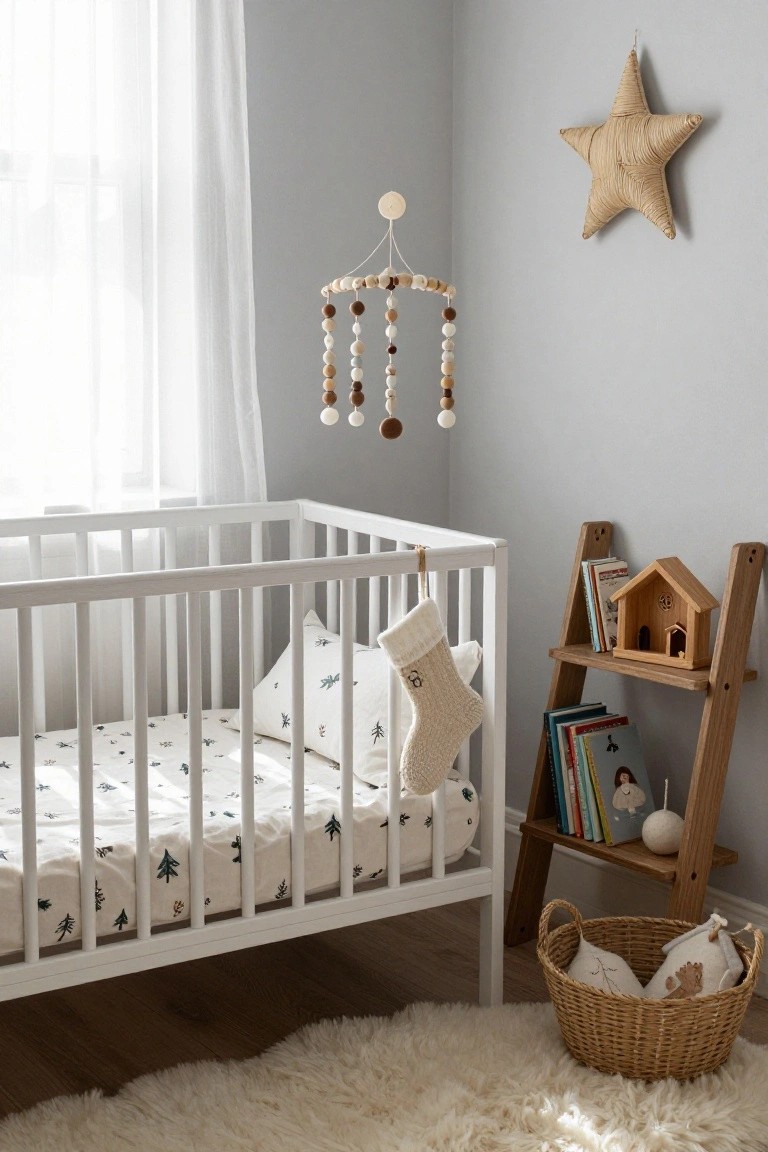 White wooden crib in a light gray nursery with a large white knit Christmas stocking draped over the rail, wooden ladder shelf holding books and a small wooden house beside it, beaded mobile hanging above, and woven basket on the floor.