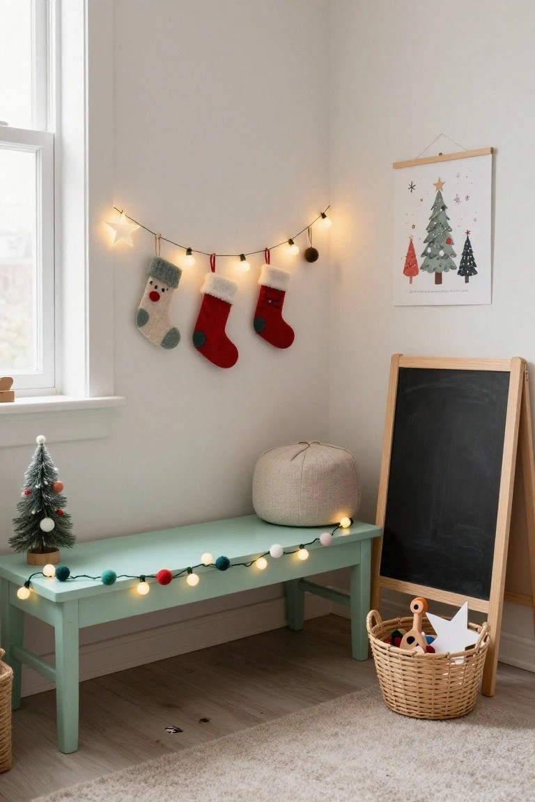 White interior room corner with three knit Christmas stockings in gray, red, and green hanging from a fairy light string on the wall above a mint green bench, next to a small Christmas tree, chalkboard easel, bean bag, and wicker toy basket.