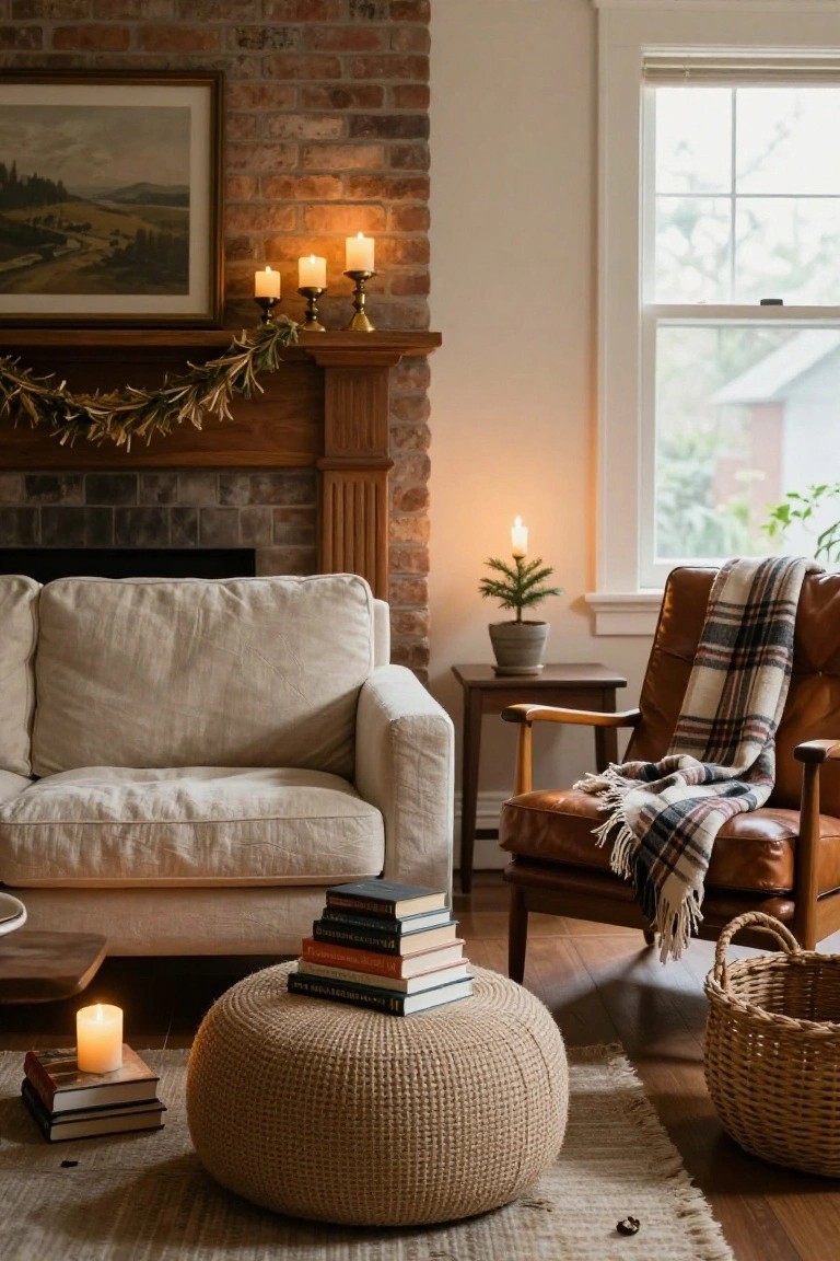 Cozy living room with exposed brick fireplace and wooden mantel decorated with green garland, brass candlesticks holding white taper candles, beige linen sofa, tan leather armchair draped with plaid blanket, pouf ottoman topped with stacked books, small potted Christmas tree by window, and additional candles on side tables.