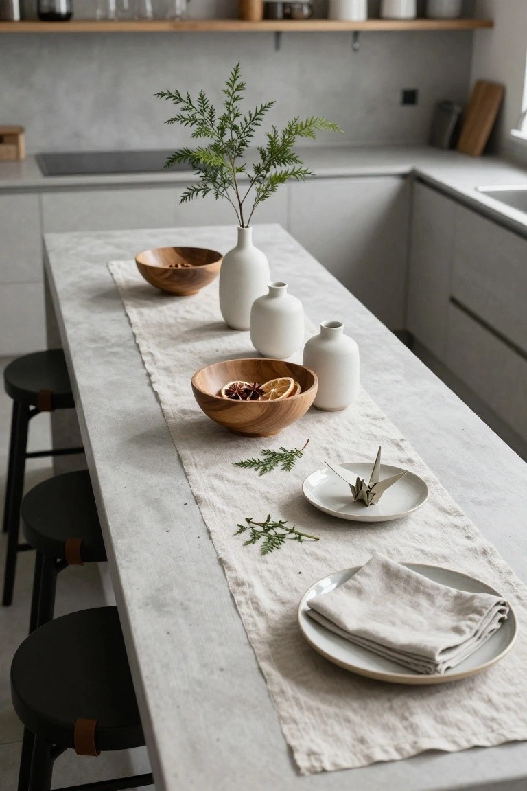 Modern gray kitchen island with beige linen runner, wooden bowls of oranges and star anise, white ceramic vases, green fern sprigs, white plate with origami crane, linen napkins, and black stools.