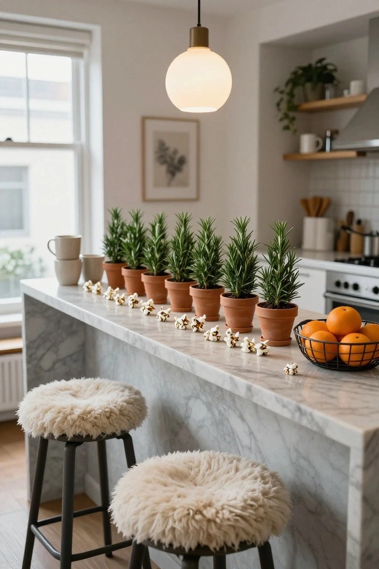 Marble kitchen island with a row of small potted rosemary plants in terracotta pots, interspersed with white fairy lights and popcorn garlands, a basket of oranges, and two sheepskin-topped barstools nearby.
