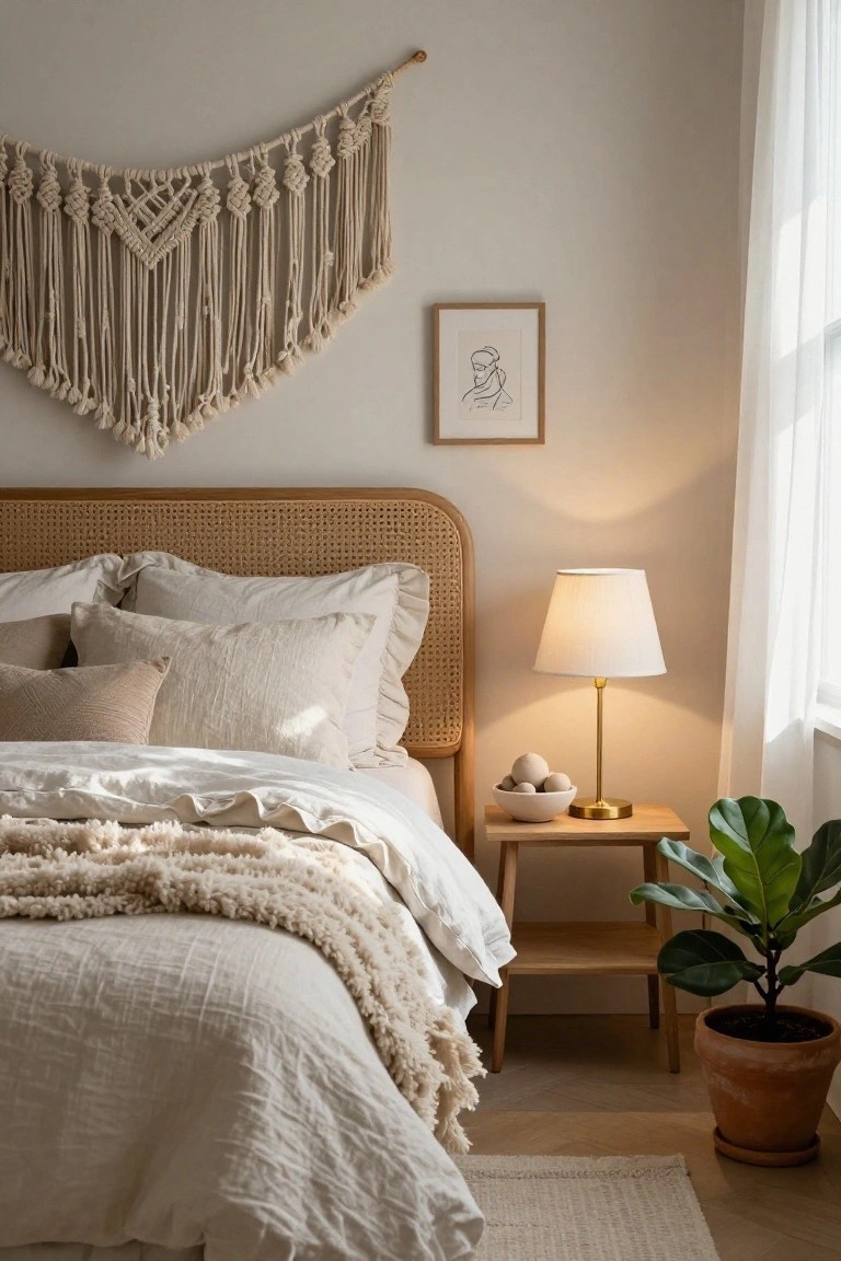 Bedroom corner featuring a large cream-colored macrame wall hanging above a rattan headboard with white textured bedding and pillows, wooden nightstand with gold lamp, white bowl of spheres, potted green plant, and sheer-curtained window.
