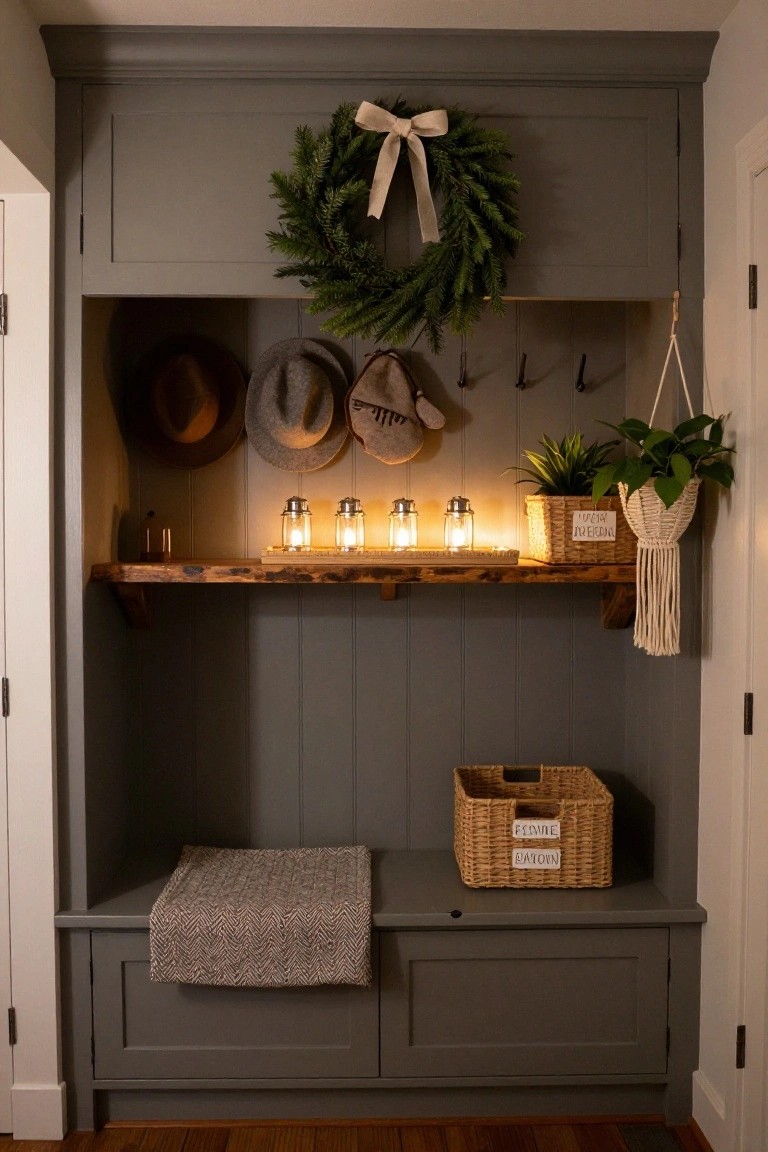 Gray wood-paneled built-in mudroom cabinet with Christmas evergreen wreath on upper doors, hats on hooks, four lit glass jar lanterns on wooden shelf, potted plants and hanging basket, wicker baskets labeled