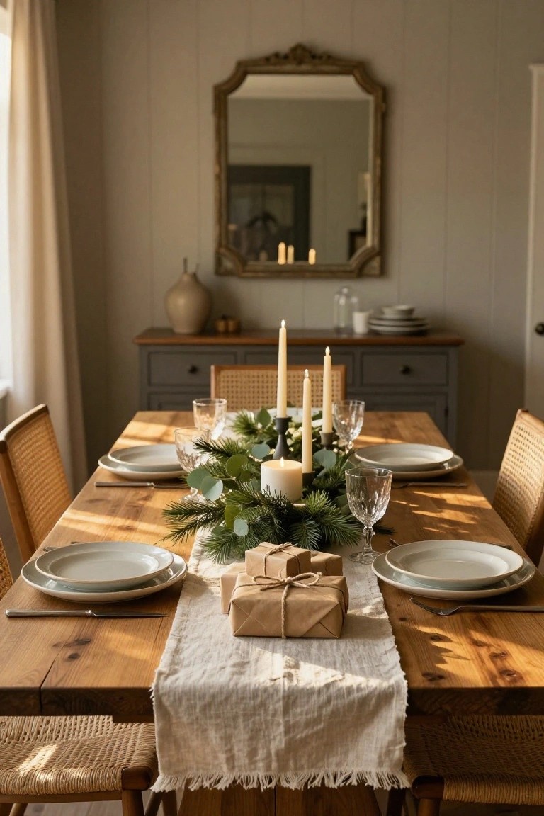A wooden dining table in a beige-walled room set with white plates, wine glasses, rattan chairs, and a centerpiece of eucalyptus, pine sprigs, white candles, and small wrapped gifts on a white linen runner.