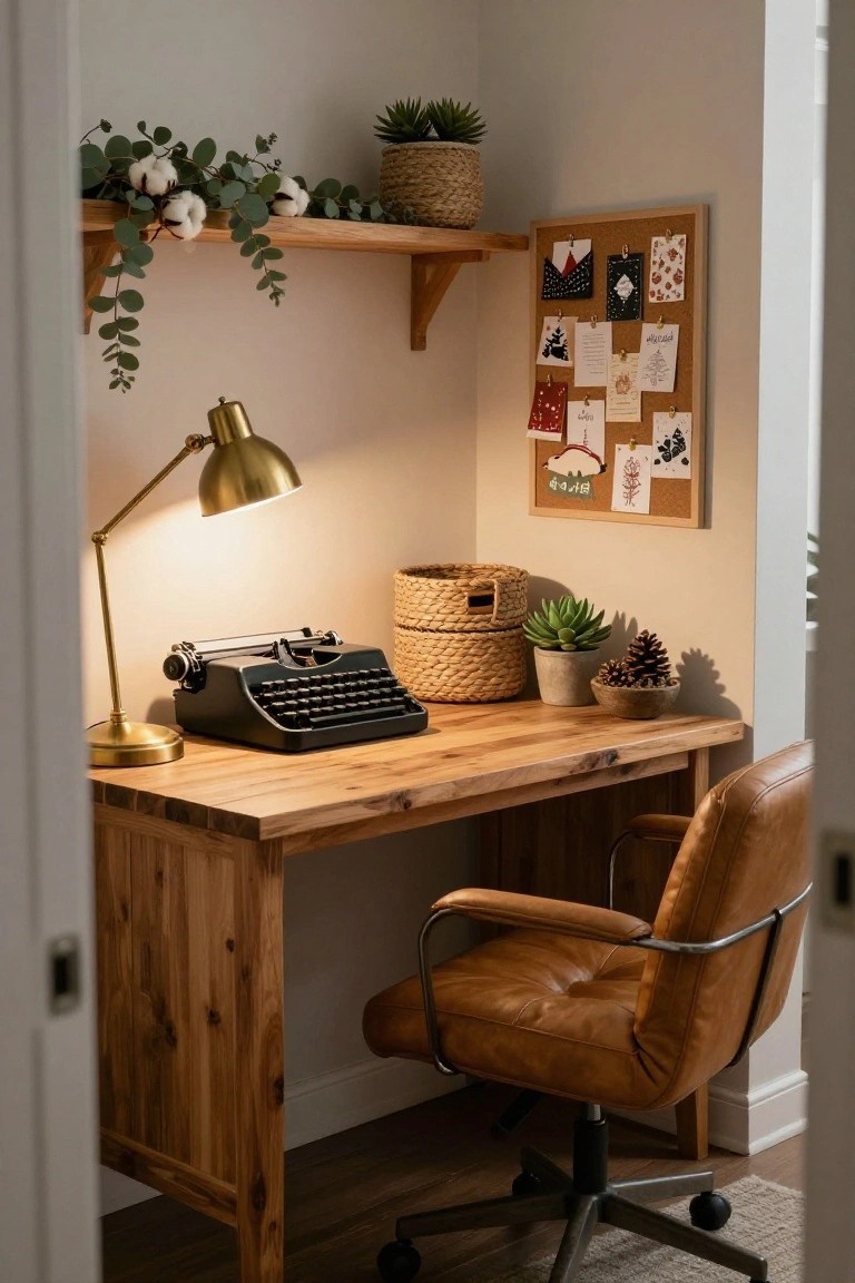 Wooden desk with black typewriter, gold desk lamp, leather chair, potted plants, woven baskets, corkboard pinned with cards and notes, and open shelf draped with eucalyptus garland and cotton bolls in a white-walled room.