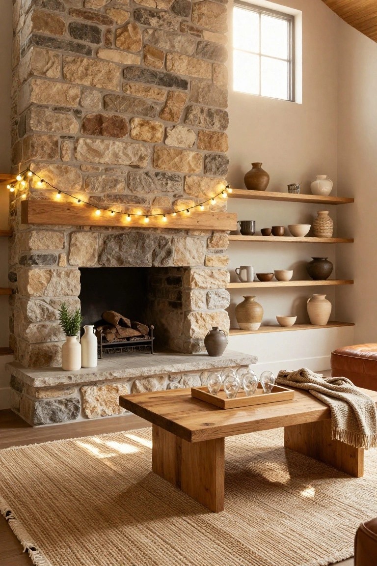 Stone fireplace with wooden mantel wrapped in warm white string lights, floating wooden shelves holding pottery and vases, wooden coffee table with glassware tray, beige rug, and ottoman in a light wood-beamed room.