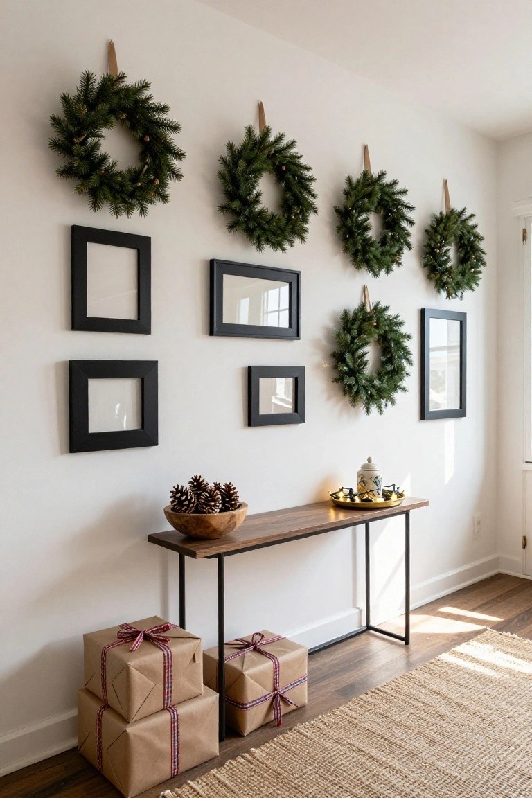 White entryway wall with five green evergreen wreaths hung by leather straps next to empty black picture frames, wooden console table holding pinecones in a bowl, a lidded jar with lights, and two stacks of kraft paper wrapped gifts on a seagrass rug.
