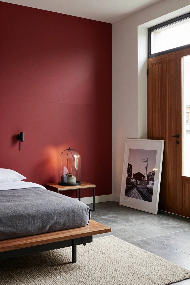 Bedroom interior with deep cherry red accent wall, black wall lamp, glass dome lamp with plant on wooden side table next to gray bed with white pillows on wooden platform bed frame, large black-and-white photo frame leaning on floor near wooden door with glass panel, concrete floor, and cream rug.