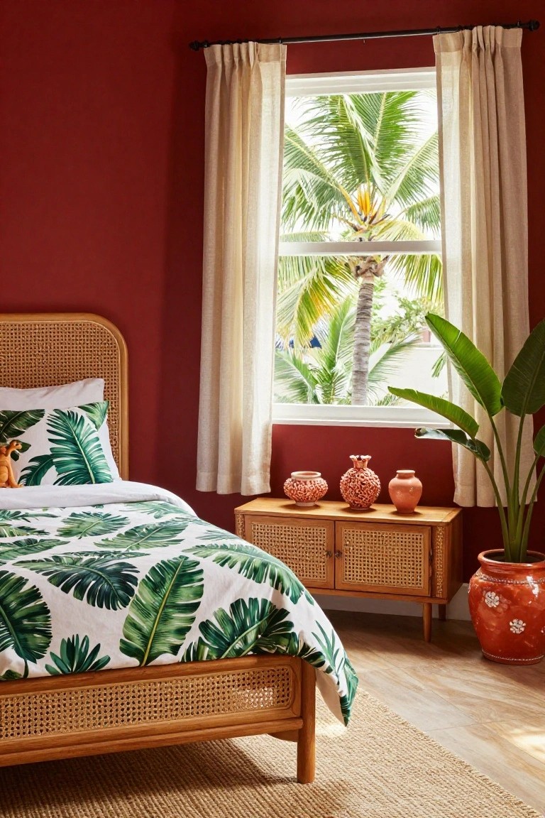 Bedroom with cherry red walls, rattan bed frame and headboard topped with white bedding featuring green tropical leaf prints, matching rattan nightstand holding three terracotta pots, large window with beige curtains showing palm trees outside, potted banana leaf plant, and seagrass rug on wood floor.
