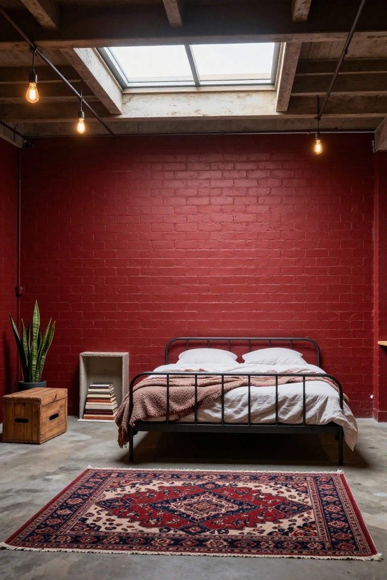Loft bedroom with exposed red brick walls, black metal bed frame with white bedding and throw, Persian rug on concrete floor, wooden crate side table with books, potted snake plant, and hanging bulb lights under beamed ceiling with skylight.
