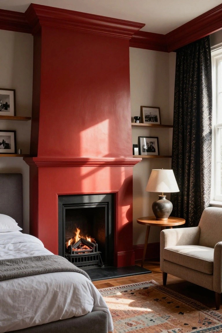 Bedroom with tall cherry red painted chimney breast and lit fireplace, neutral bed with gray throw, beige armchair, wooden side table with lamp, shelves with photos, and dark patterned curtains at window.