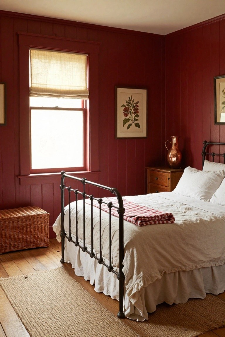 Bedroom interior with deep red paneled walls, black iron bed frame holding white sheets and pillows with red plaid throw, wooden nightstand beside brass pitcher, botanical prints on walls, and wicker trunk on wood floor.