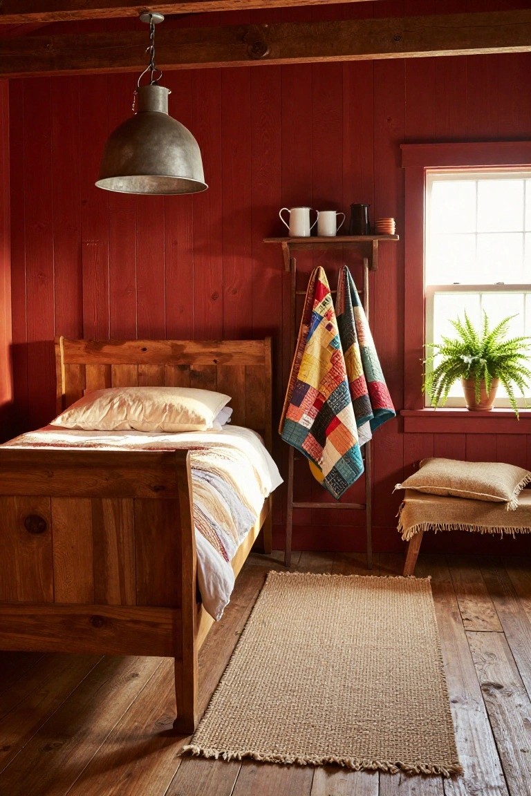 Small bedroom interior with cherry red vertical paneled walls, wooden bed frame with white bedding, colorful quilt on a wooden rack, galvanized pendant light, and potted plant by window.