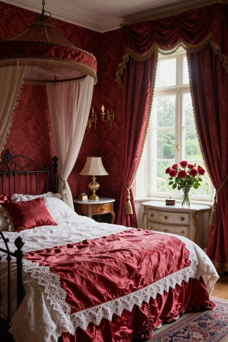 A bedroom with deep cherry red patterned wallpaper on walls, a black iron canopy bed with white netting and red satin bedding edged in lace, antique white nightstand, gold lamp, and vase of red roses by tall curtained windows.