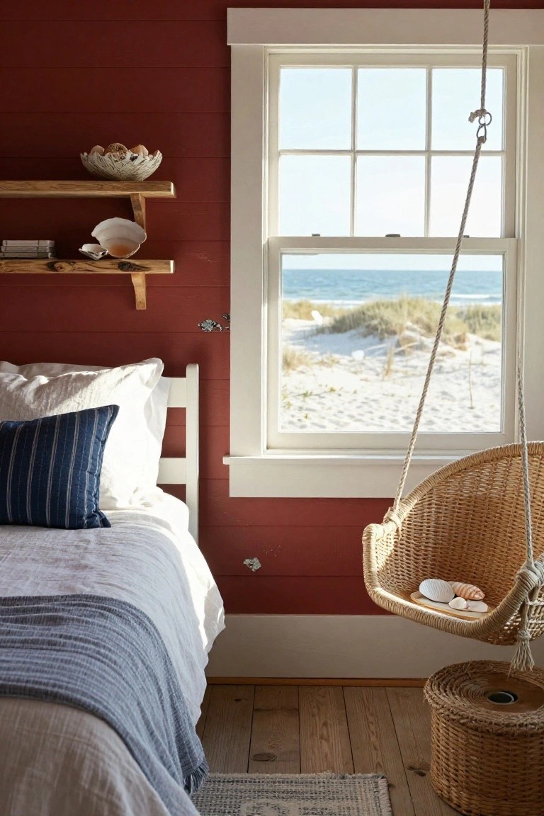 Bedroom with deep cherry red shiplap walls, white wooden bed frame with white sheets navy pillow and blue throw, hanging wicker swing chair holding seashells, wooden shelves with white shell bowls, and window showing sand dunes ocean and sky.