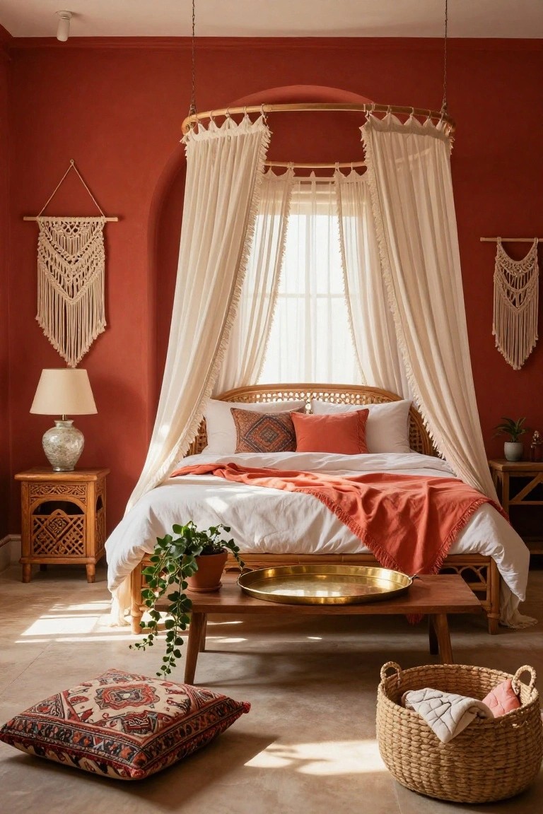 Bedroom with cherry red walls, rattan bed under a white sheer canopy, orange throw blanket, potted plants, macrame wall hangings, wooden side tables, and floor cushions.