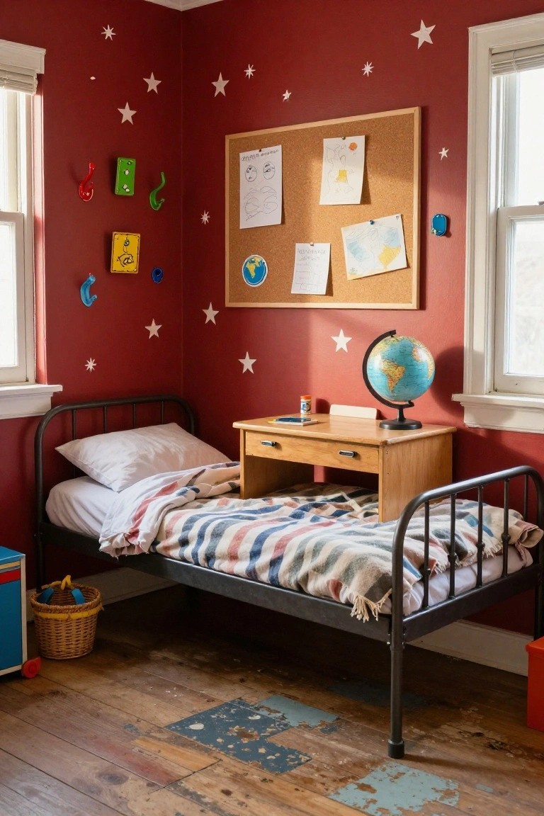 Child's bedroom with cherry red walls decorated with white star stickers, featuring a black metal bed with colorful bedding, wooden desk holding a globe and notebook, corkboard with drawings, toy basket, and wooden floors.