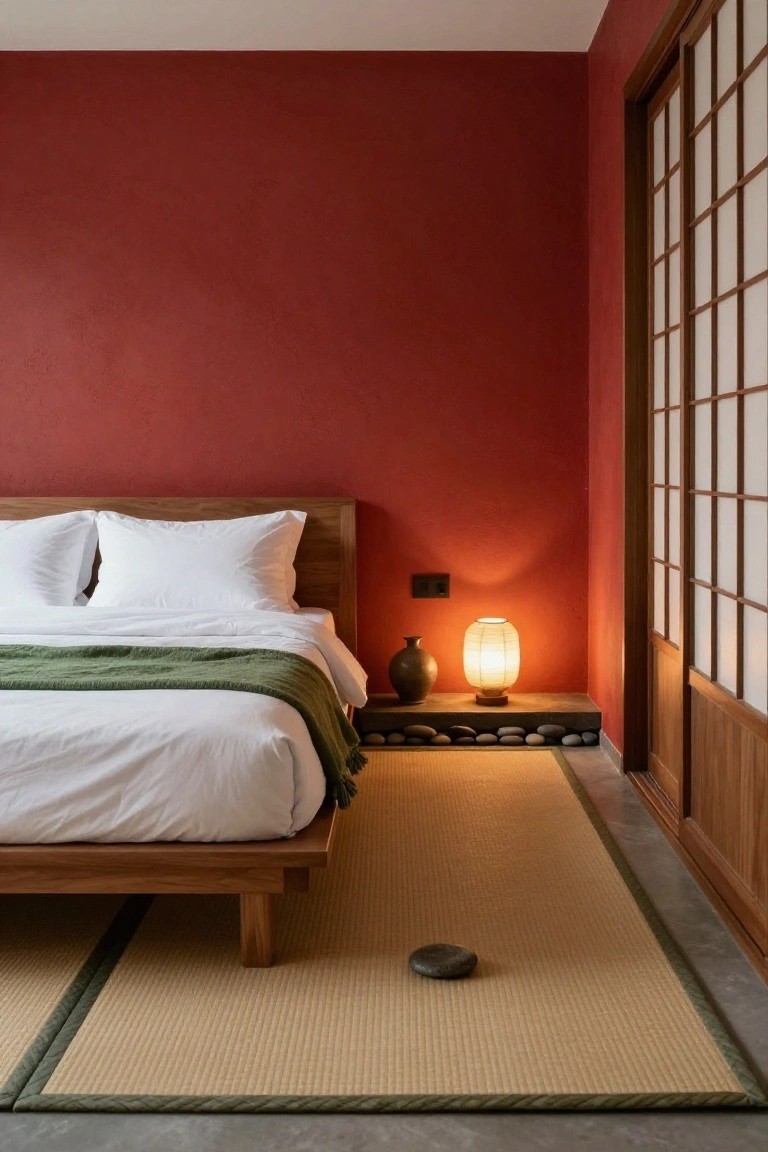 Bedroom with deep cherry red walls, low wooden platform bed draped in white sheets and green throw, beige tatami rug on floor, shoji sliding doors, and bedside table holding lamp, vase, and rocks on stone base.