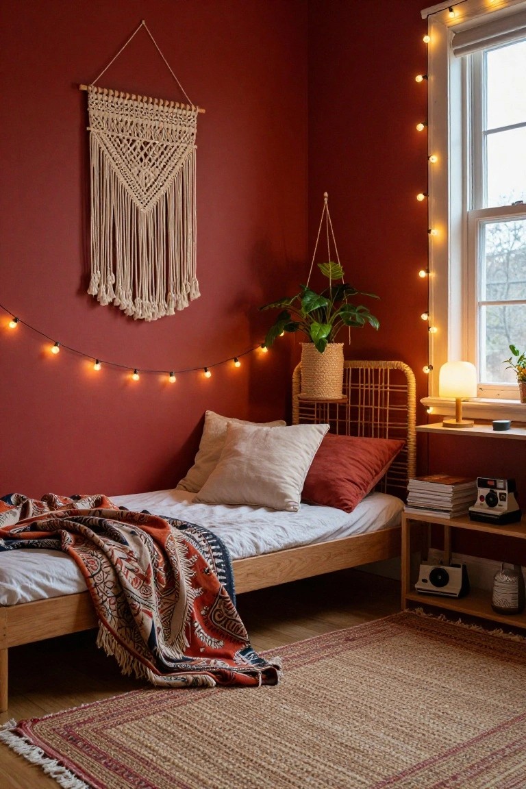 Corner of a bedroom featuring deep cherry red walls, a large white macrame wall hanging, wooden single bed with rattan headboard and colorful throw blanket, potted plants, string lights, and a window with blinds.