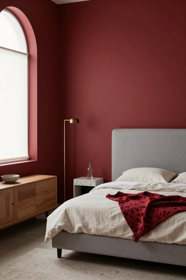 Bedroom with deep cherry red walls, gray upholstered platform bed topped with white linens and red throw blanket, wooden dresser holding a ceramic bowl, terrazzo side table with vase, gold arc floor lamp, and arched window with roller blind.