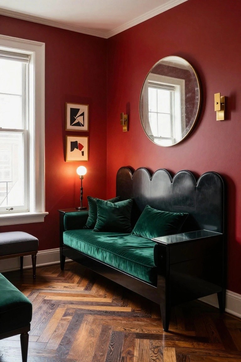 Small interior room with cherry red walls, black scalloped daybed upholstered in green velvet cushions, large round mirror, abstract artworks, table lamp, side table, stool, and herringbone wood floors.
